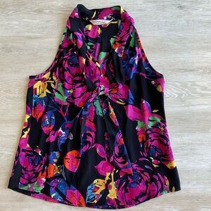 Trina Turk, Silk, V Neck Halter w/Stylized ties at collar.